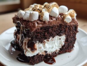A rich slice of hot chocolate poke cake showing dark chocolate layers, white filling, and toasted marshmallows on top.