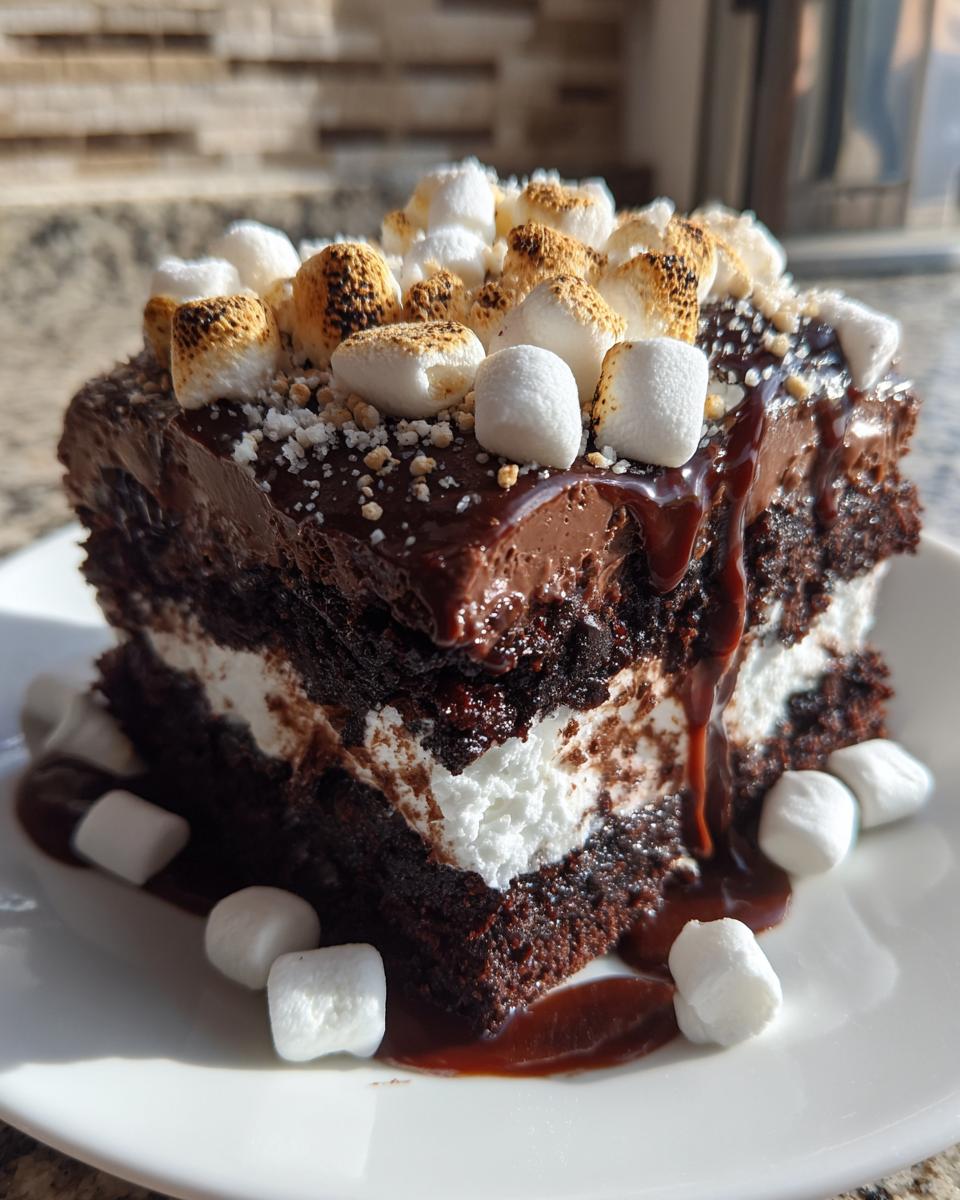 A rich slice of hot chocolate poke cake layered with chocolate, white filling, and topped with toasted marshmallows and chocolate drizzle.