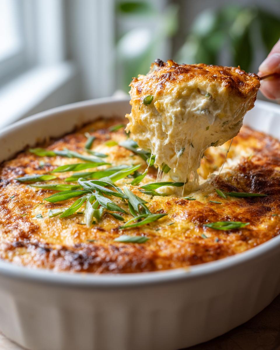 A spoonful of creamy, cheesy hot crab dip being lifted from a baked white casserole dish, showing a cheese pull.