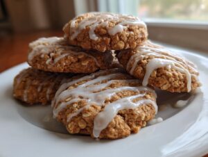 A stack of five soft, chewy iced oatmeal cookies drizzled with white vanilla glaze, featured on a white plate.