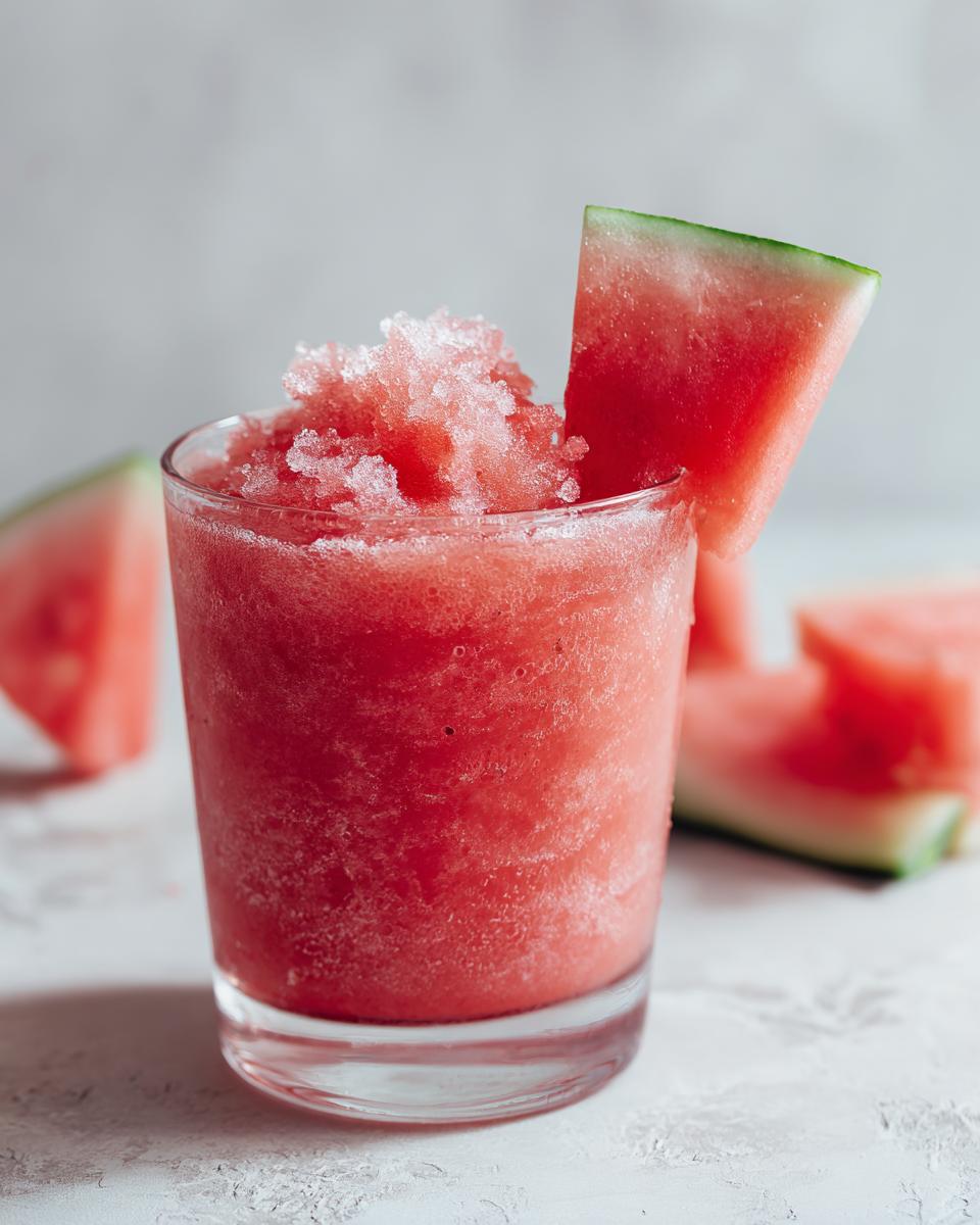 Close-up of a bright pink, icy watermelon smoothie topped with crushed ice and garnished with a watermelon wedge.