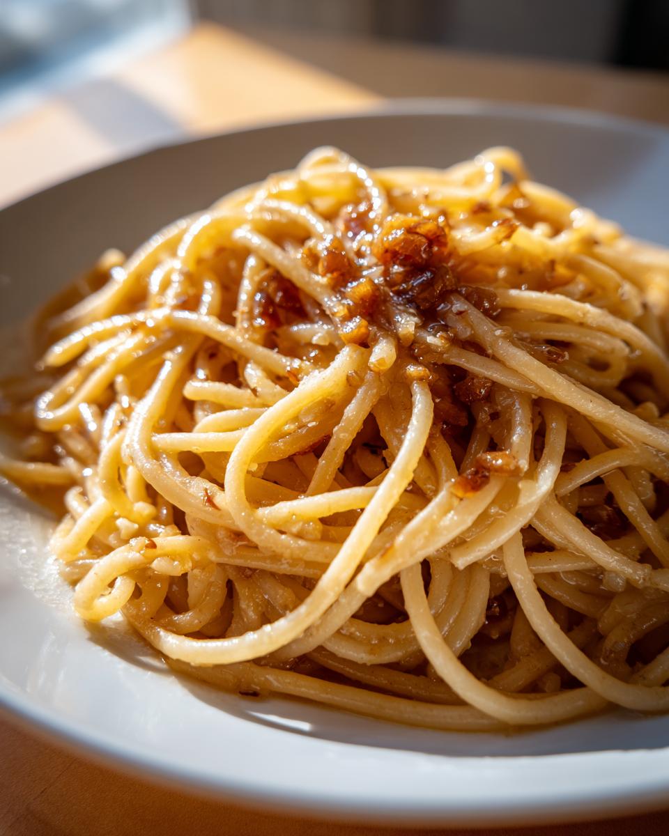 Close-up of perfectly coated spaghetti noodles tossed in a savory sauce, highlighting the delicious garlic noodles.