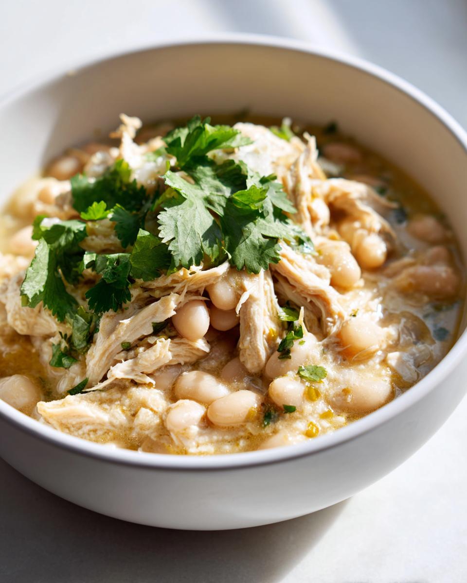 A close-up of a white bowl filled with creamy instant pot white chicken chili, featuring shredded chicken, white beans, and fresh cilantro.