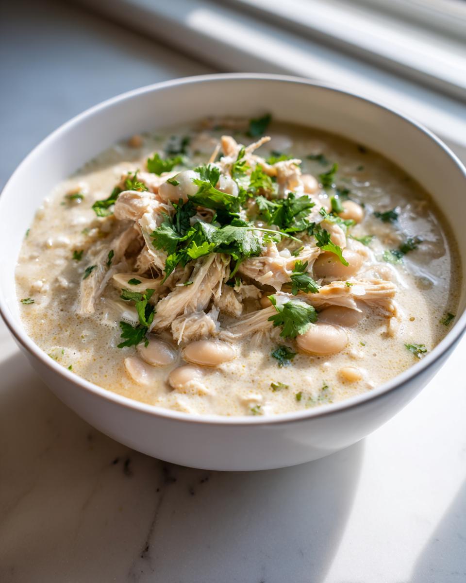 A close-up of a white bowl filled with creamy instant pot white chicken chili, topped with shredded chicken, white beans, and fresh cilantro.