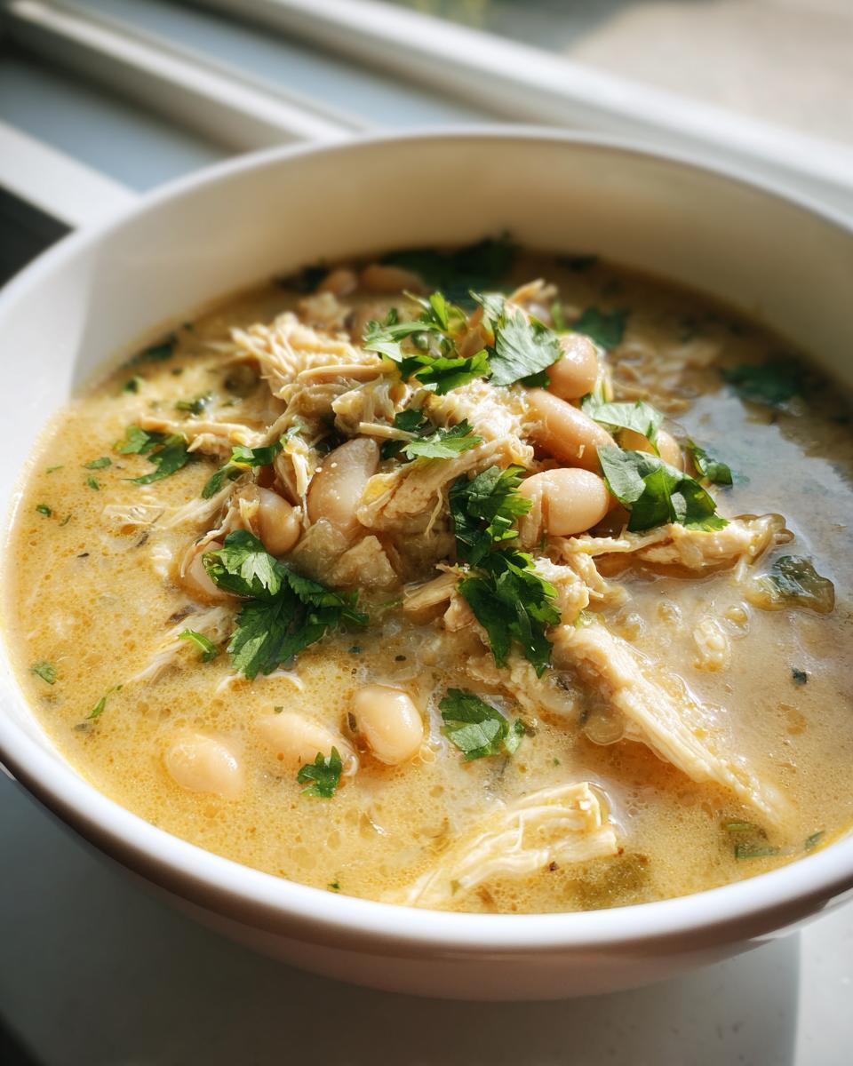 Close-up of a creamy bowl of instant pot white chicken chili, featuring shredded chicken, white beans, and fresh cilantro garnish.