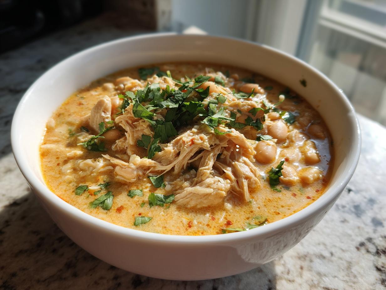 A white bowl filled with creamy instant pot white chicken chili, topped with shredded chicken, white beans, and fresh cilantro.