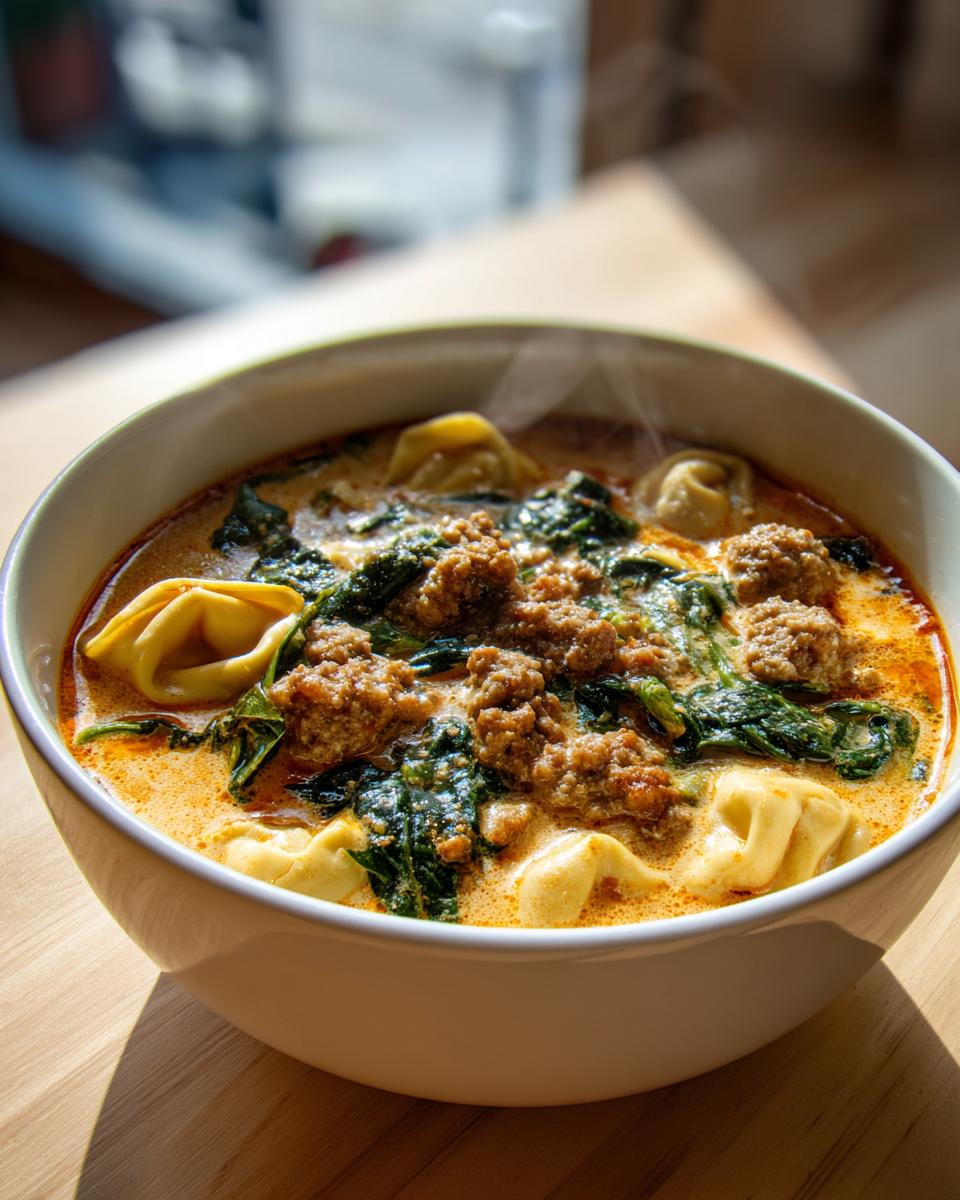 Close-up of a steaming white bowl filled with creamy Italian sausage tortellini soup, featuring spinach and ground sausage.