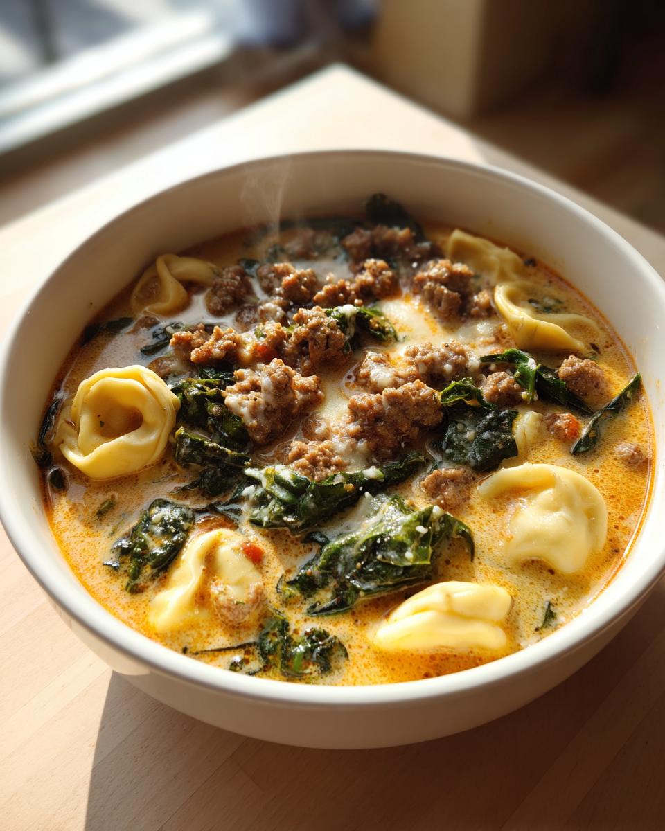 Close-up of a steaming bowl of creamy italian sausage tortellini soup with spinach and ground meat.