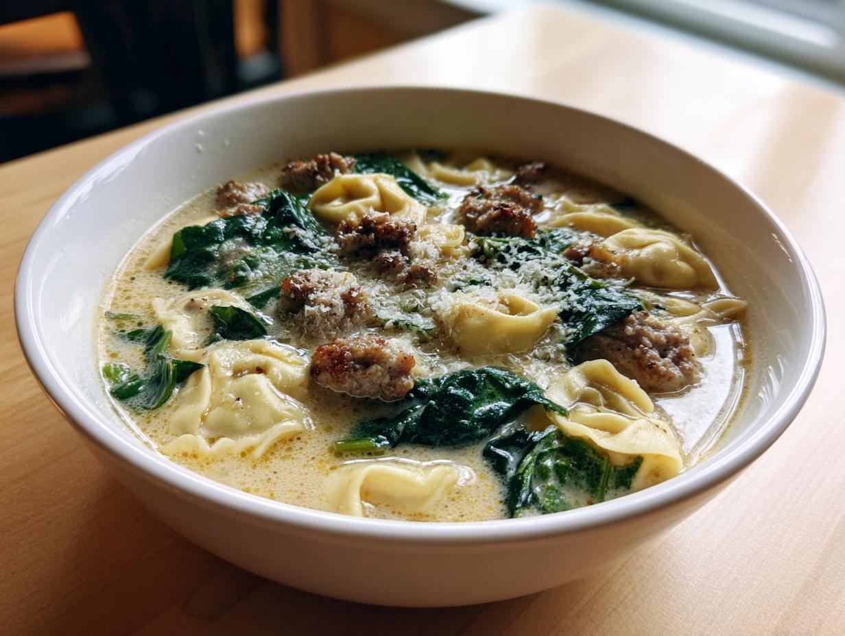 Close-up of a hearty bowl of italian sausage tortellini soup with spinach and grated parmesan cheese.