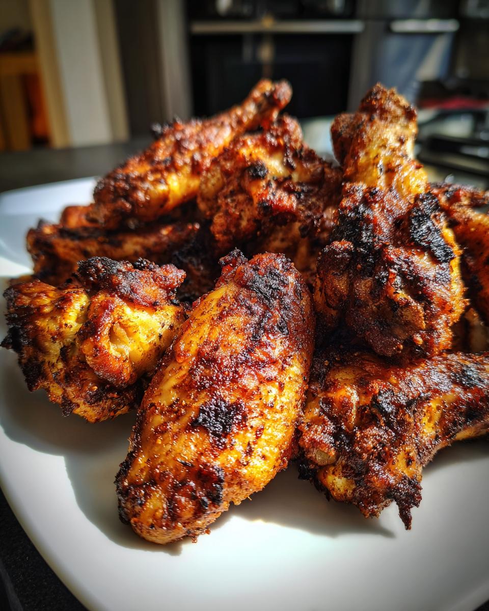 Close-up of crispy, dark-spiced Jamaican jerk chicken wings piled high on a white plate.