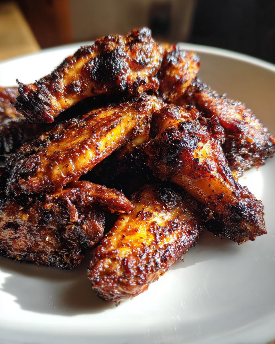 A close-up shot of several crispy, dark-glazed Jamaican jerk chicken wings piled on a white plate.