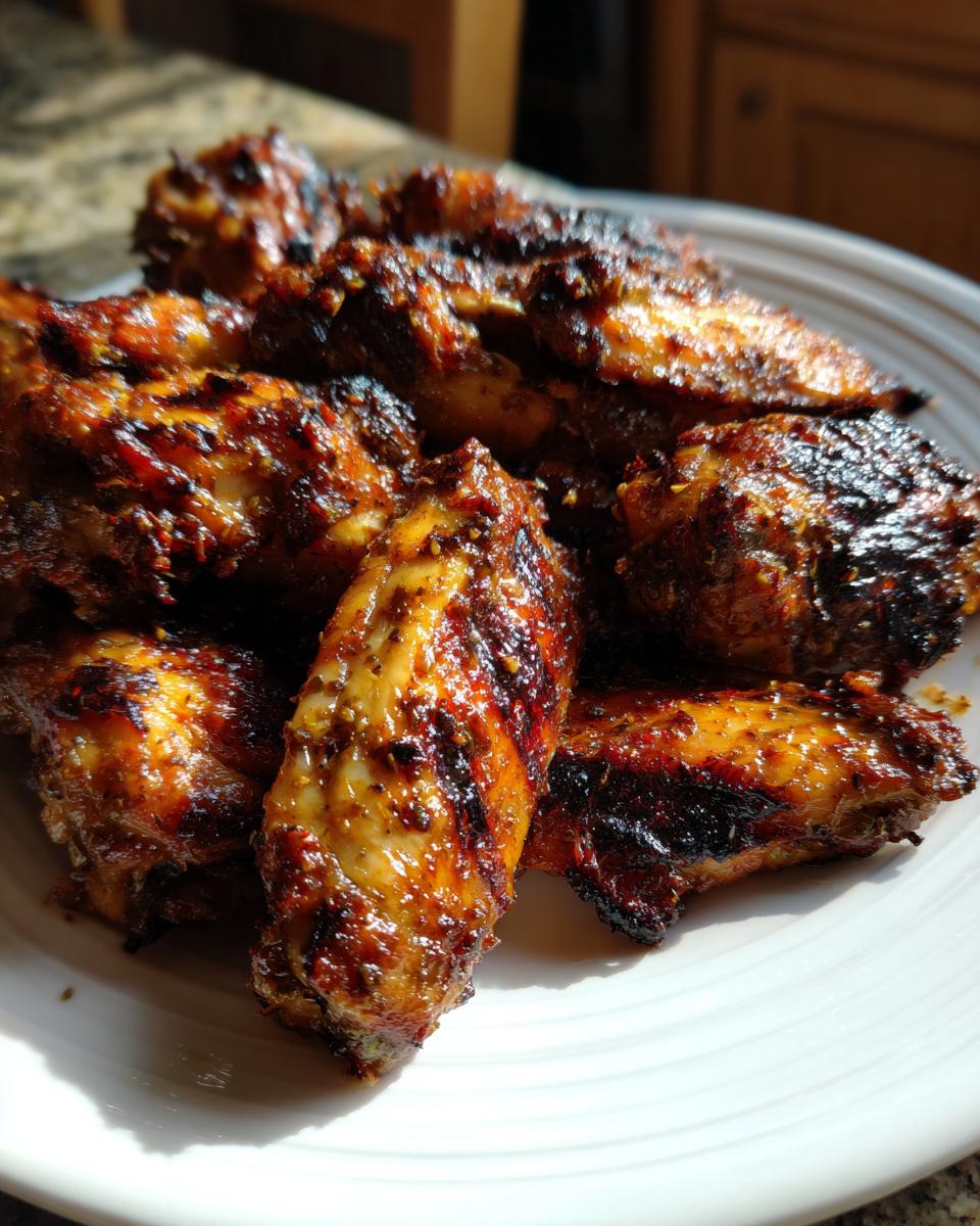 Close-up of baked Jamaican jerk chicken wings piled on a white plate, showing caramelized, dark, and spicy seasoning.
