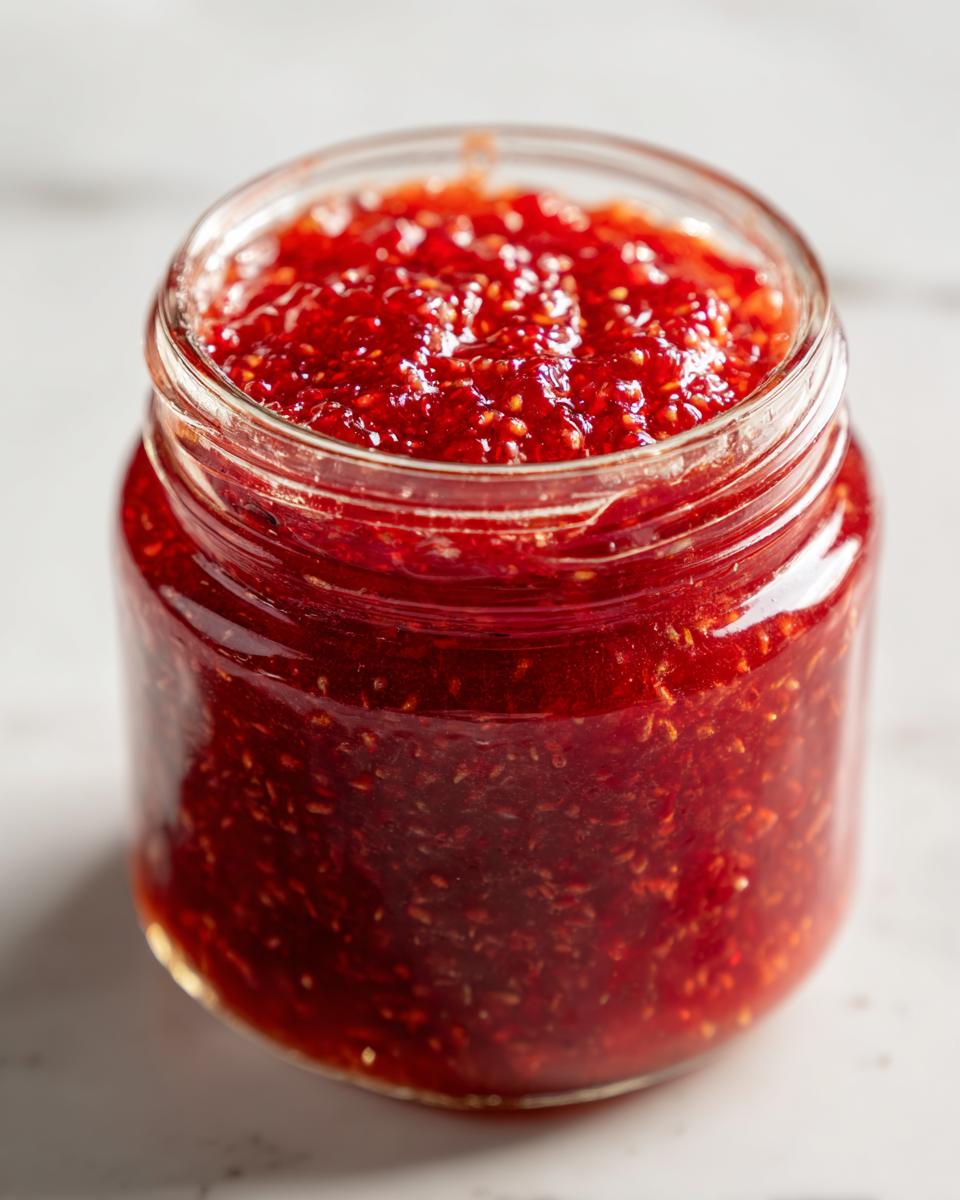Close-up of a glass jar filled with bright red, textured strawberry freezer jam.