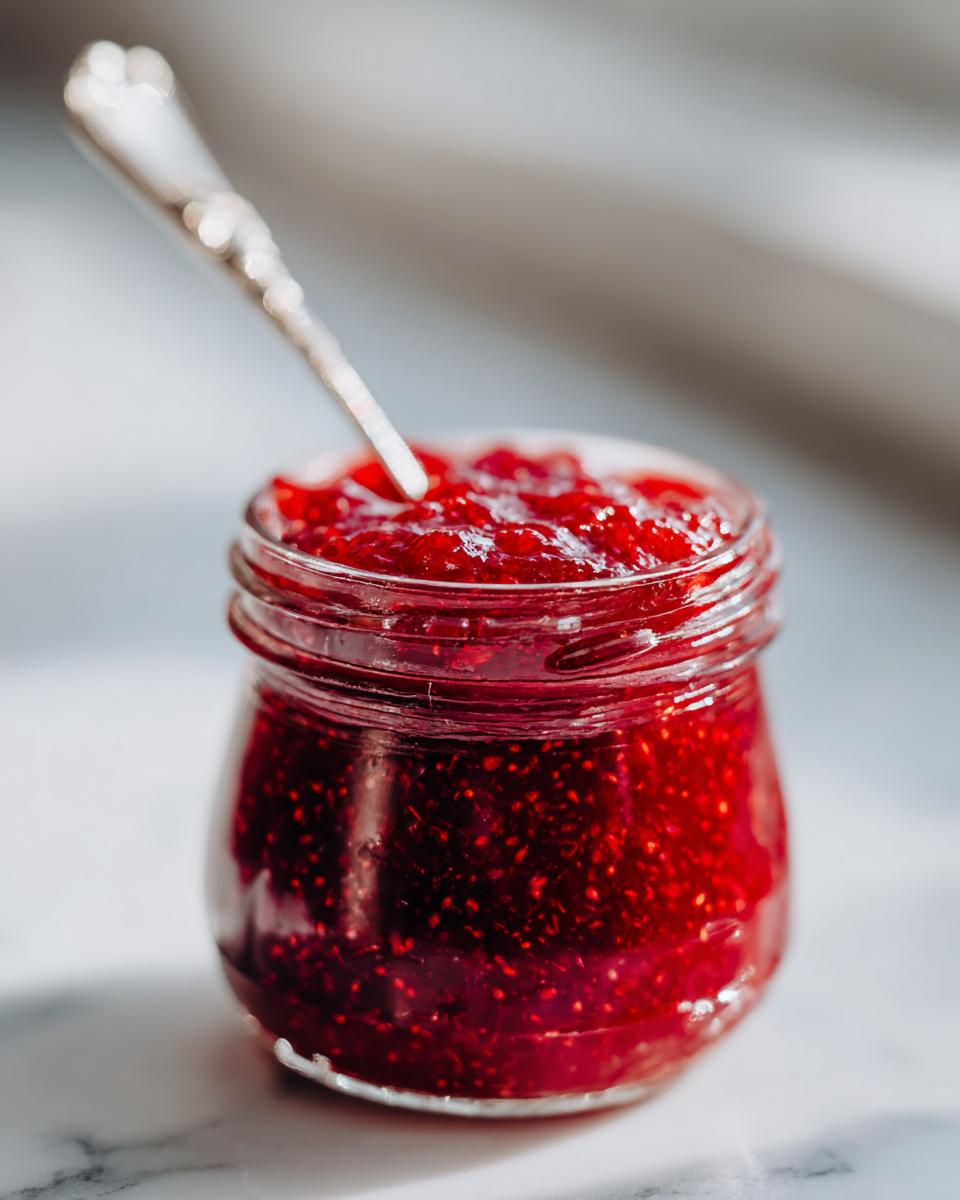 Close-up of a small glass jar filled with vibrant red strawberry freezer jam, featuring a silver spoon resting inside.