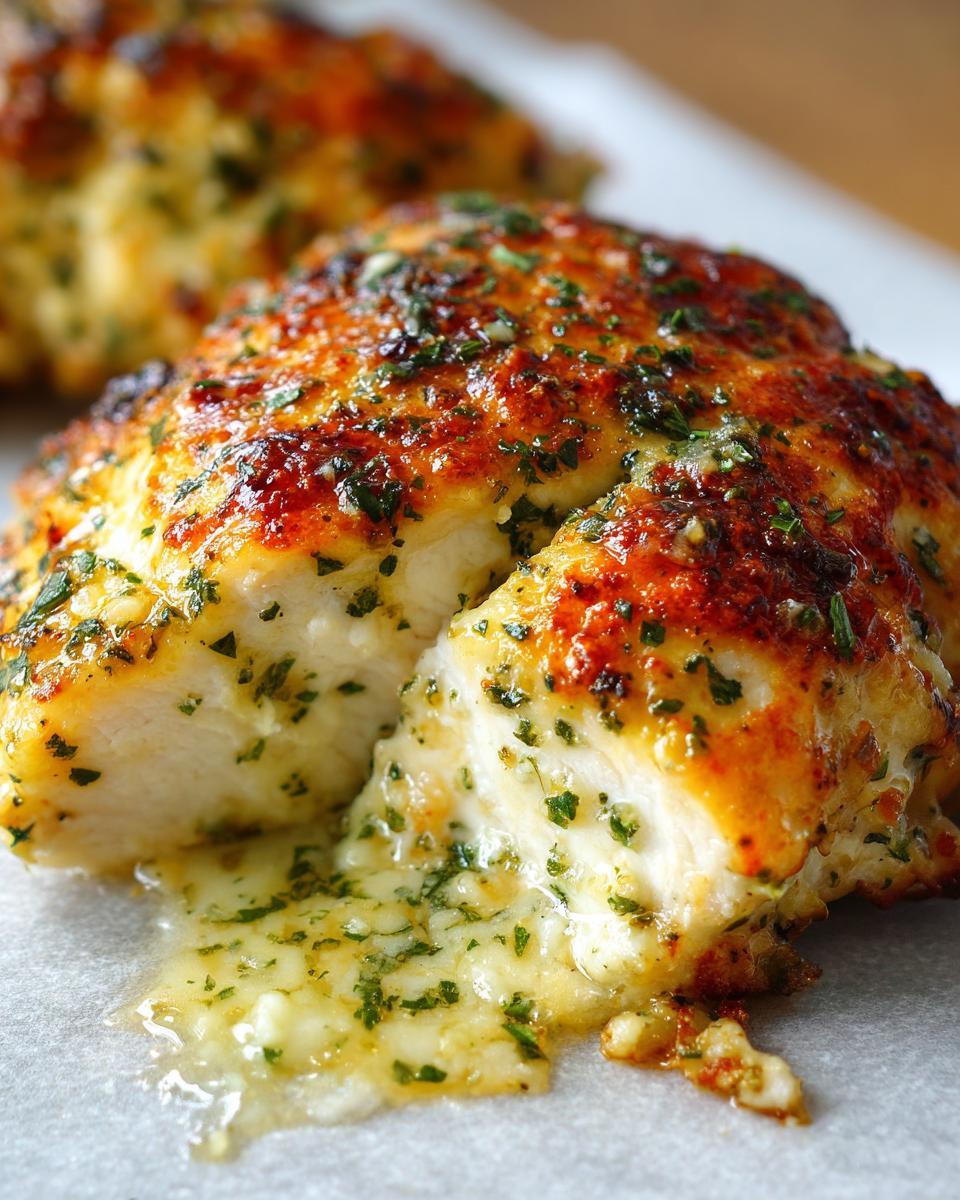 Close-up of a juicy baked chicken breast cut open, showing melted butter sauce and herbs.