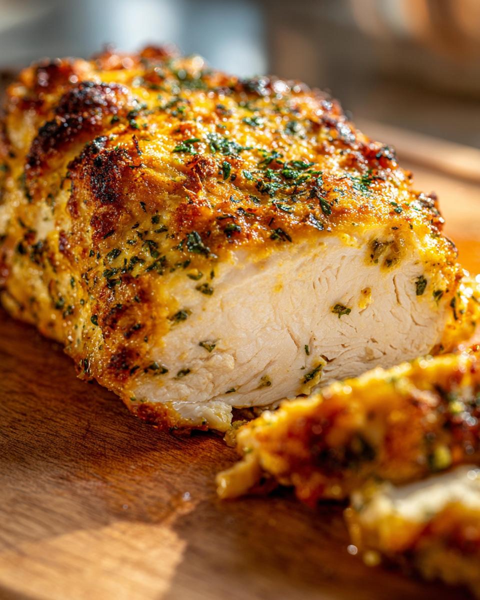 Close-up of a juicy baked chicken breast, sliced to show moist interior and golden herb crust.