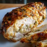 Close-up of a juicy baked chicken breast, sliced to show the moist interior and herb crust.