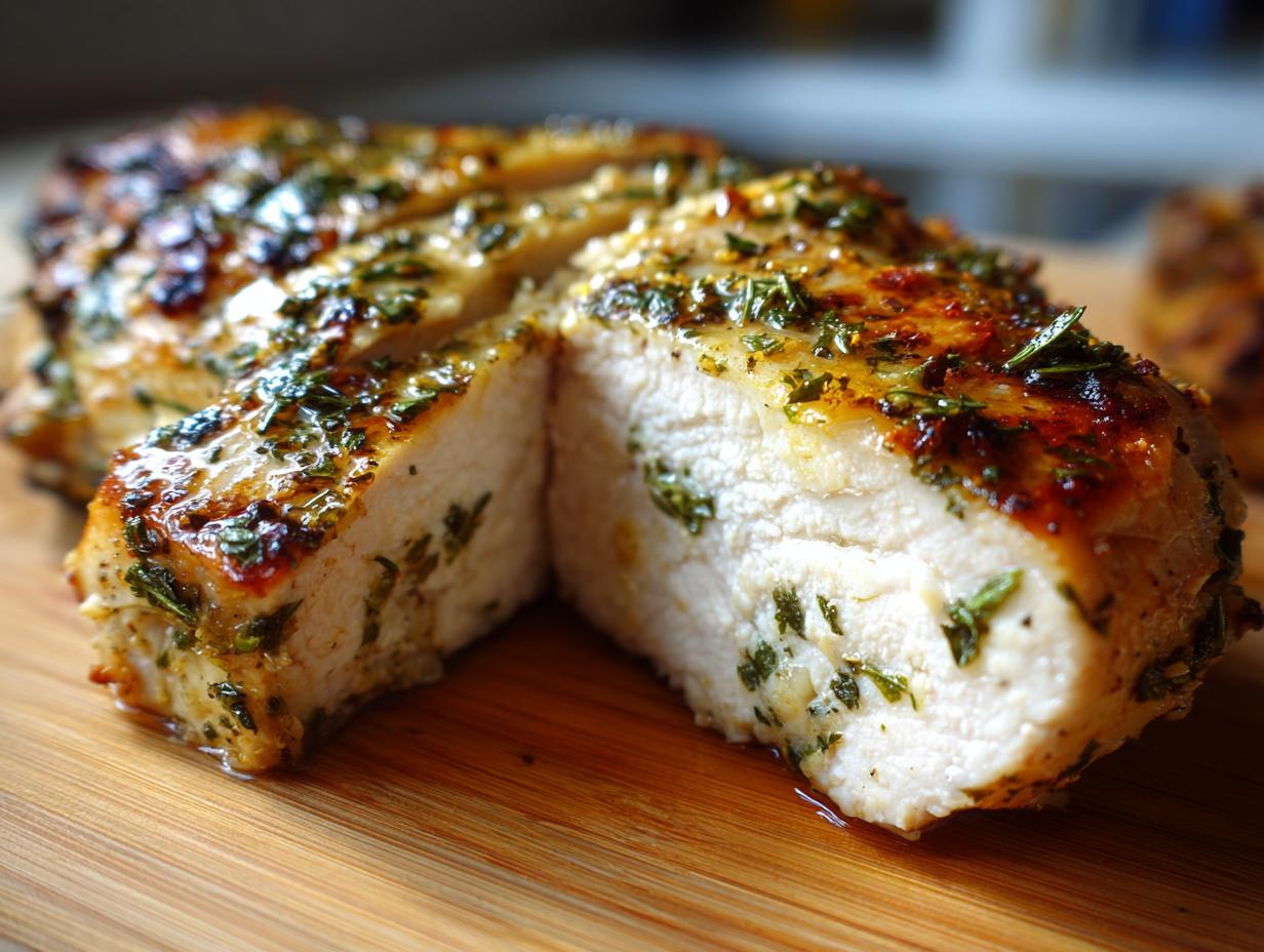 Close-up of a juicy baked chicken breast, sliced to show moist white meat and herb crust.