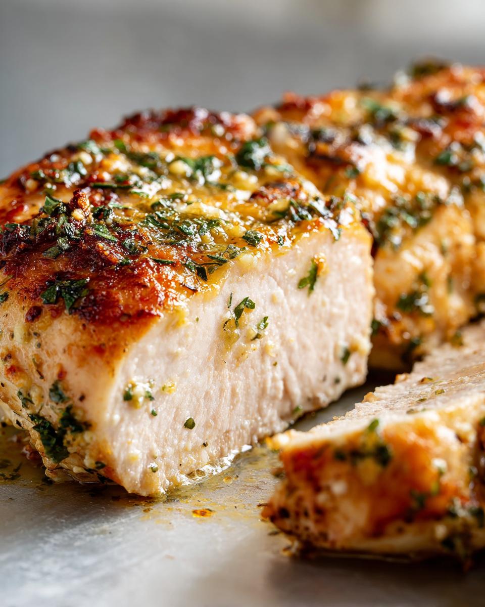Close-up of a juicy baked chicken breast, sliced to show the moist interior and savory herb and garlic glaze.
