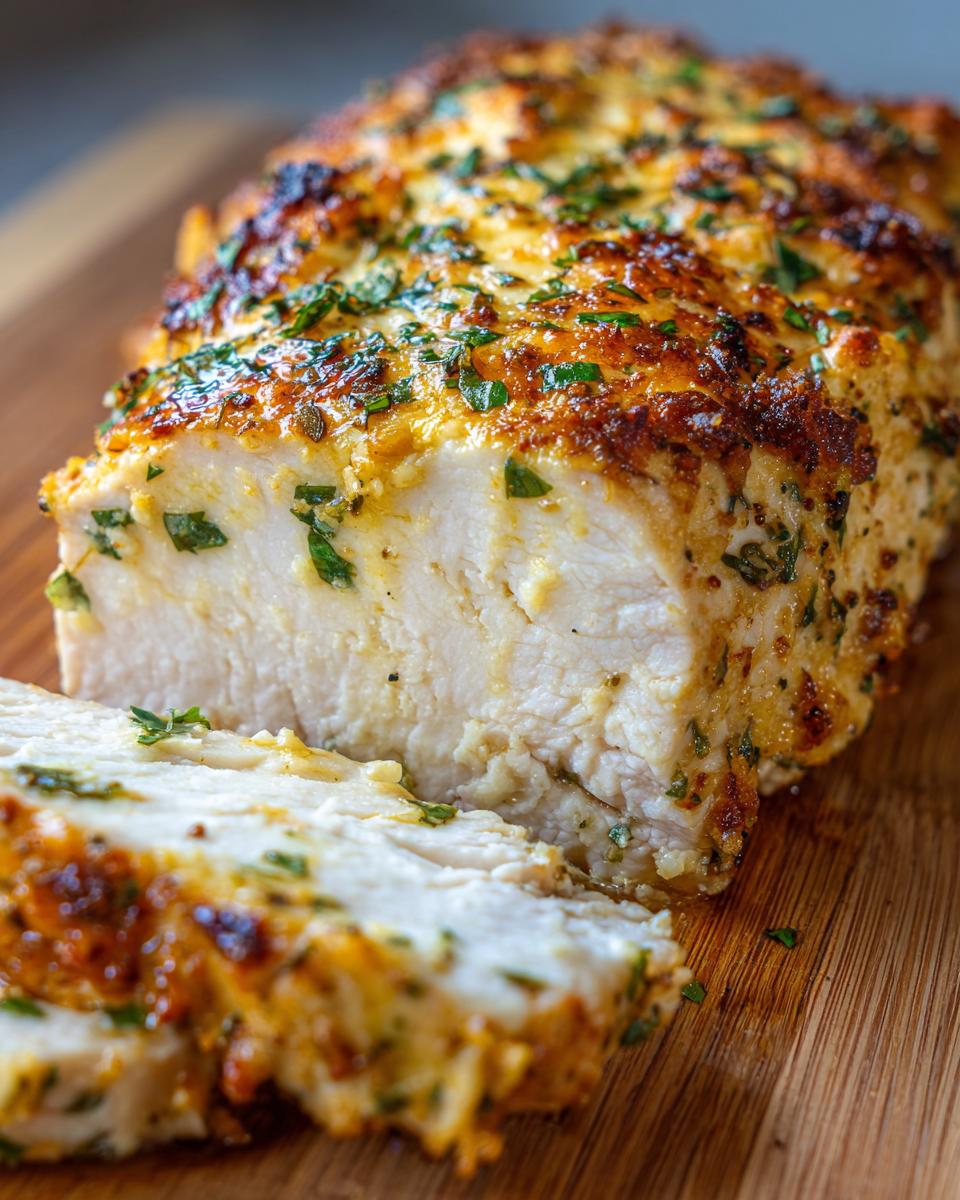 Close-up of a juicy baked chicken breast, sliced to show the moist interior and golden herb crust.