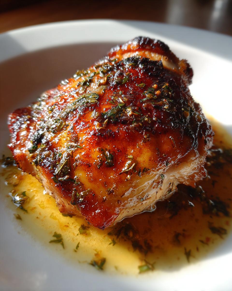 Close-up of a perfectly cooked, juicy braised chicken thigh with a rich, browned skin covered in herbs.