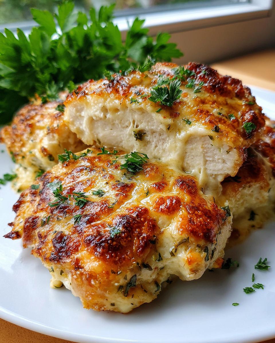 Close-up of juicy chicken thighs topped with melted, browned cheese and fresh parsley garnish.