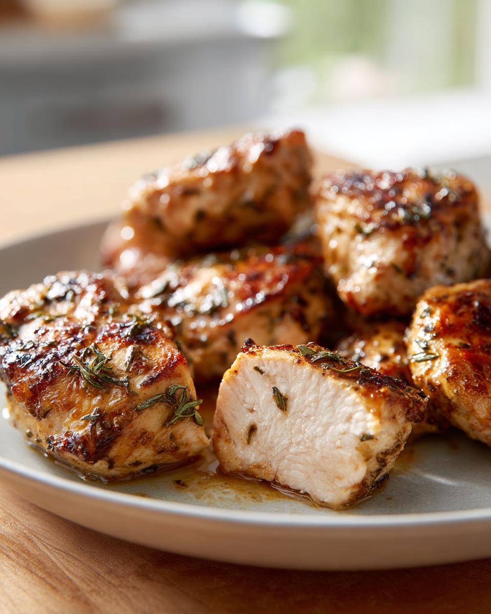 Close-up of perfectly cooked, juicy chicken pieces showing the white interior after using the 4-hour chicken marinade.