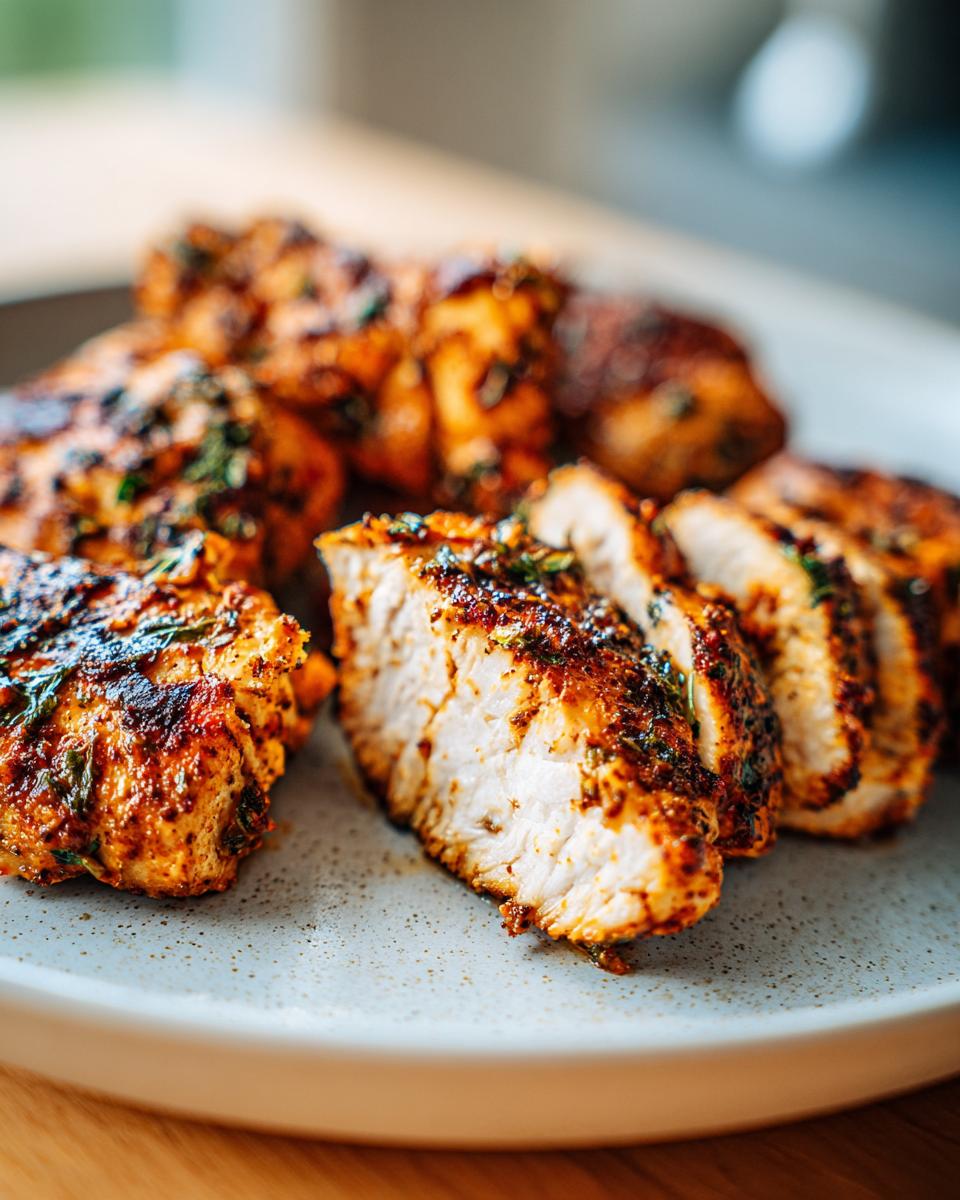 Close-up of sliced, juicy chicken breasts showing the white interior after being coated in a flavorful chicken marinade.