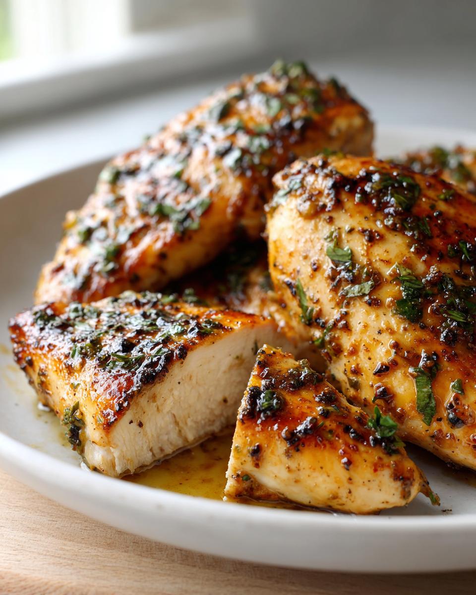 Cooked chicken breasts coated in a savory, herby chicken marinade, one piece sliced open to show juicy interior.