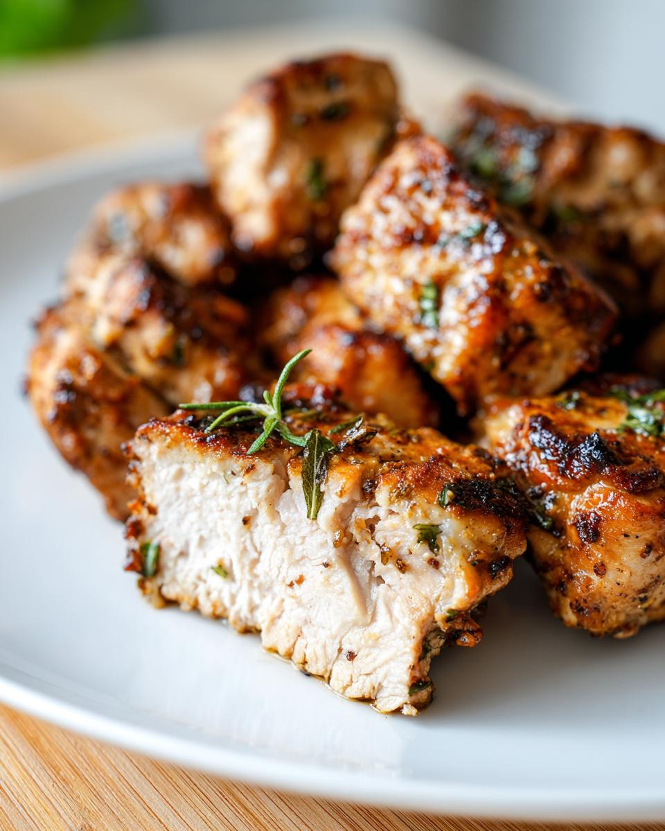 Close-up of juicy, browned chicken pieces, one cut open to show the white interior after a great chicken marinade.