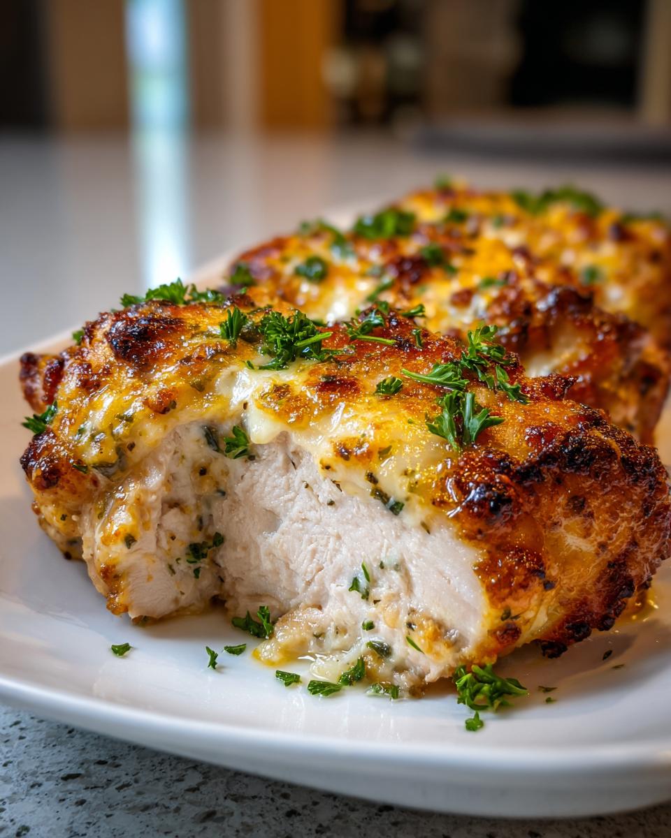 Cross-section of baked chicken thighs showing juicy white meat topped with melted, browned cheese and fresh parsley.
