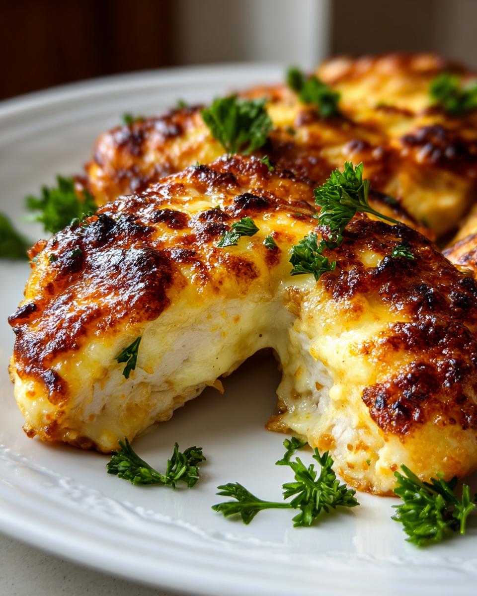 Close-up of baked chicken thighs topped with melted, browned cheese and fresh parsley garnish.