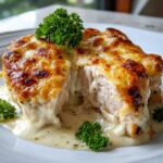 Cross-section of baked chicken thighs covered in melted, browned cheese and creamy sauce, garnished with parsley.