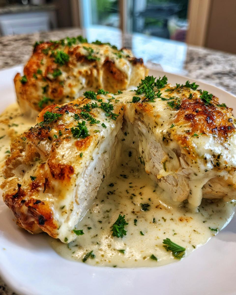 A cross-section view of baked chicken thighs topped with melted cheese and parsley, served in a creamy sauce.