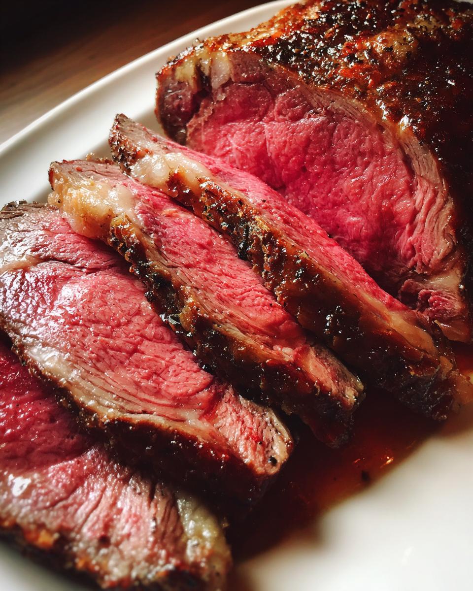 Close-up of perfectly medium-rare prime rib, showing a dark seasoned crust and juicy pink interior.