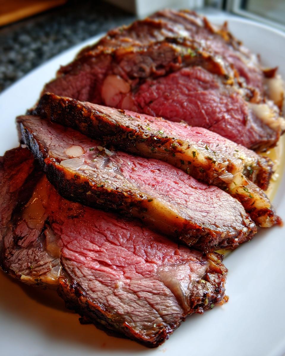 Close-up of several thick slices of medium-rare prime rib with a seasoned crust served on a white plate.
