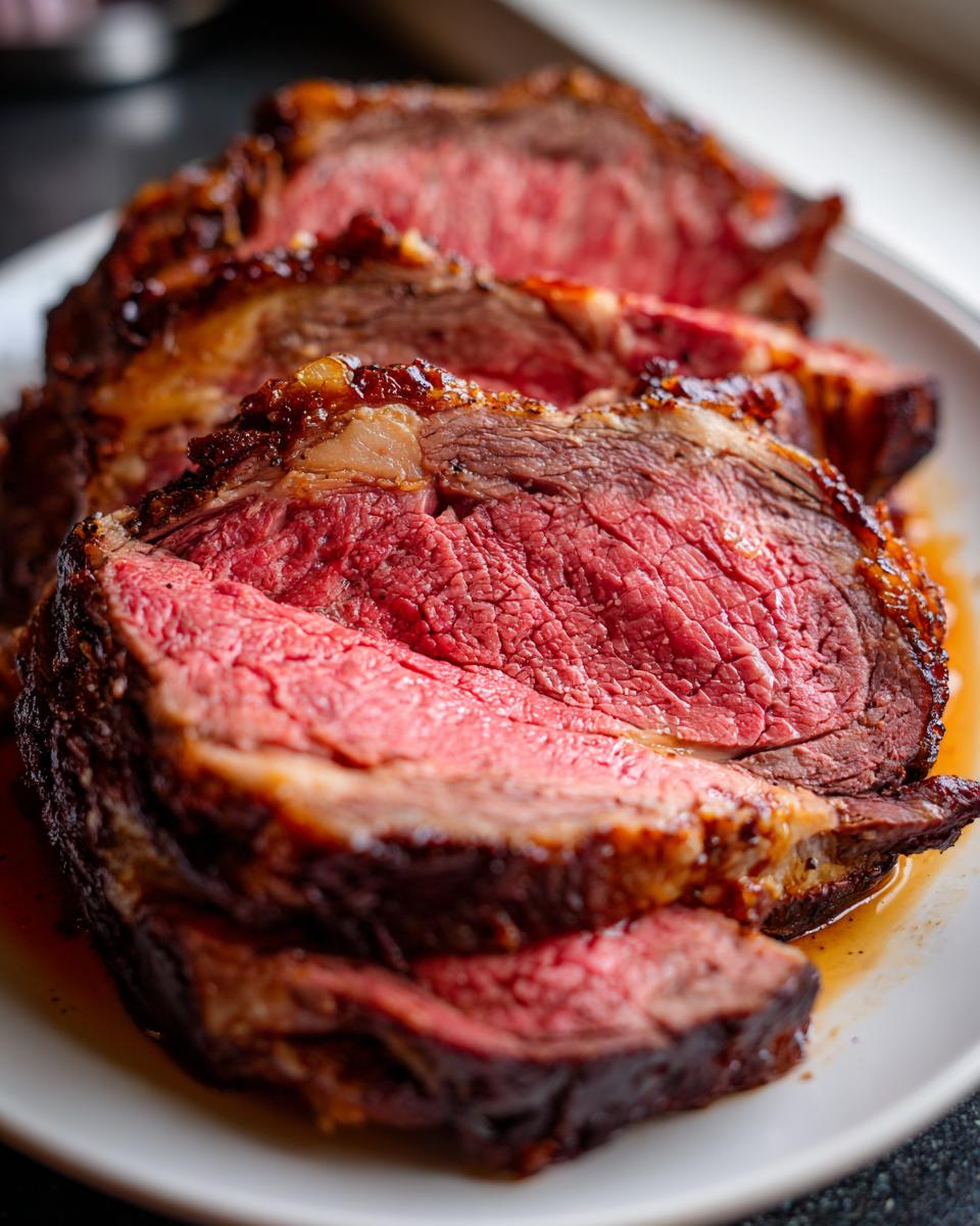 Close-up of three thick slices of medium-rare prime rib, showing a deep red center and a dark, seasoned crust.
