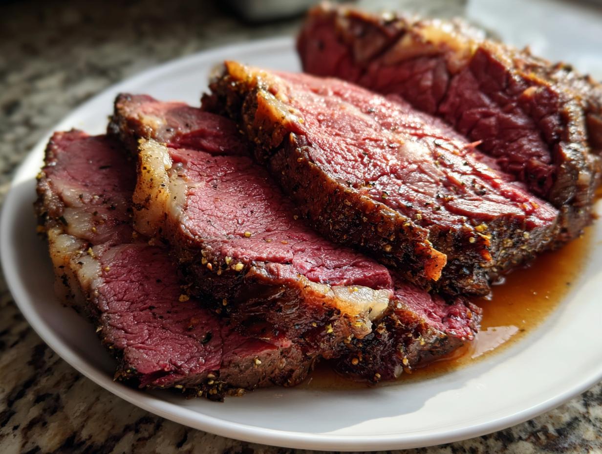 Close-up of several thick slices of medium-rare prime rib roast resting in its juices on a white plate.