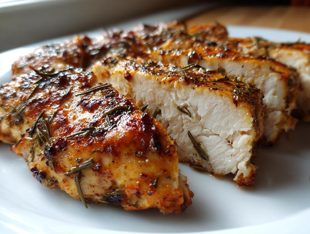 Close-up of sliced, juicy chicken breast showing white interior and browned, herb-crusted exterior from the chicken marinade.