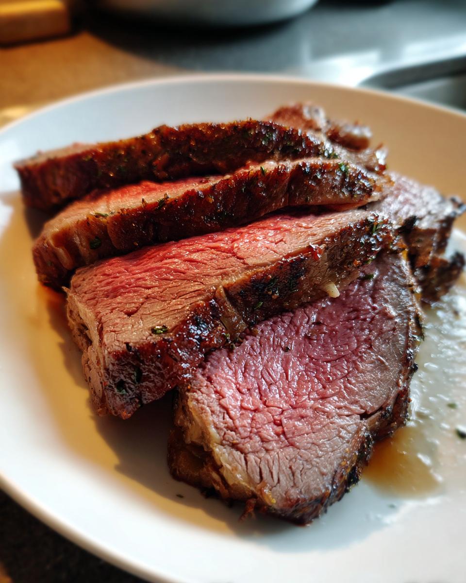 Close-up of three thick, medium-rare slices of seasoned prime rib resting on a white plate with pan juices.