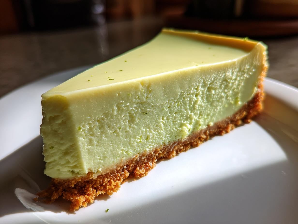 A close-up, sunlit slice of creamy, light green key lime cheesecake with a thick graham cracker crust on a white plate.