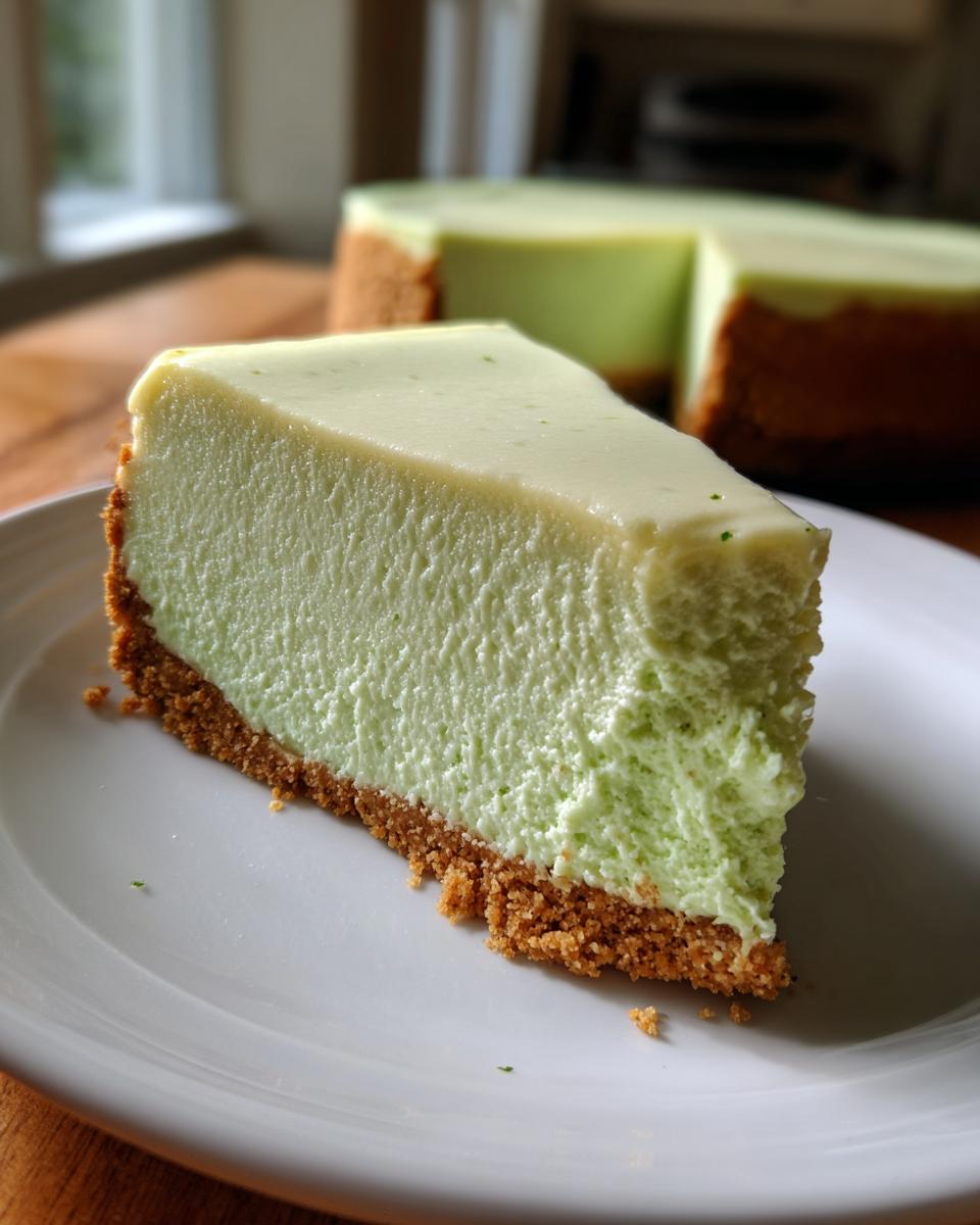 A thick slice of light green key lime cheesecake with a graham cracker crust served on a white plate.