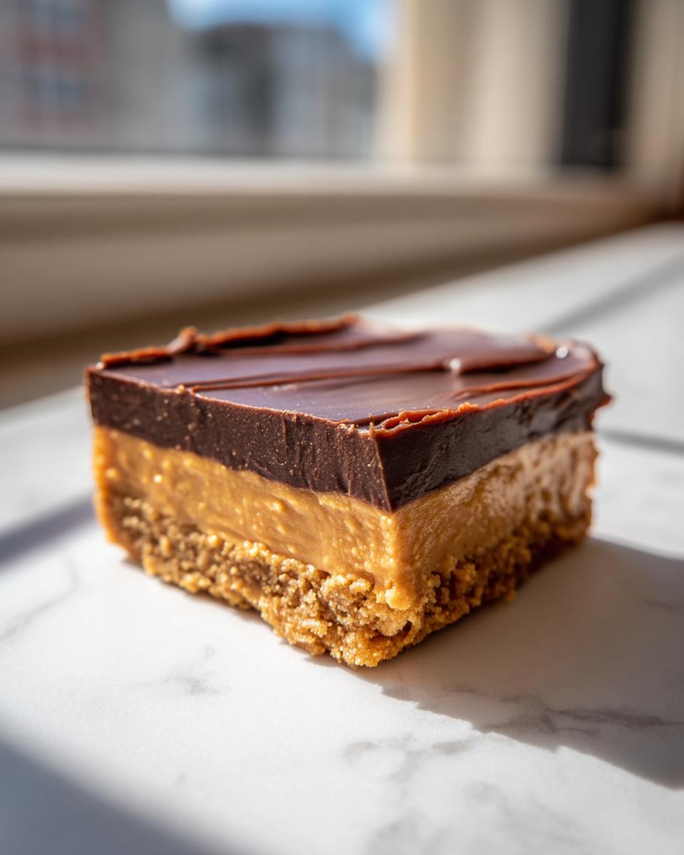 A single square of rich buckeye fudge showing a crumbly base, thick peanut butter layer, and chocolate topping.