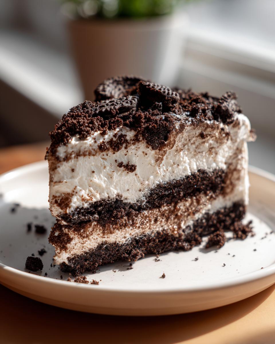 A close-up of a decadent slice of layered dirt cake featuring alternating layers of cream filling and crushed chocolate cookies.