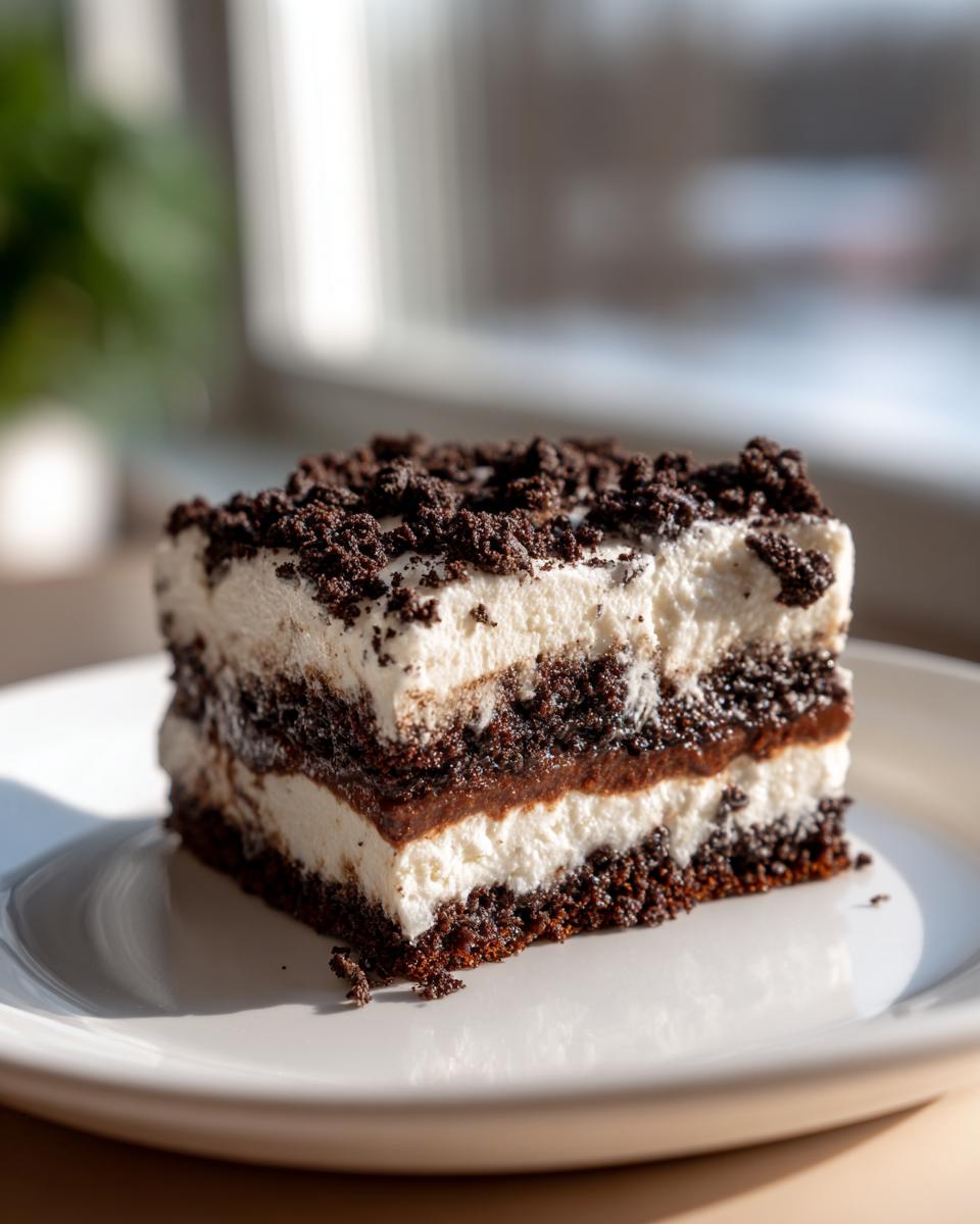 A square slice of layered dirt cake featuring dark chocolate cookie crumbs and white creamy filling.