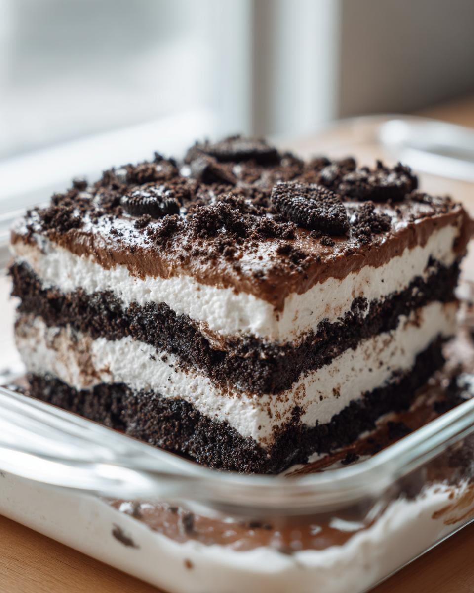 Close-up of a layered Oreo dirt cake slice showing dark chocolate cookie layers and white cream filling.