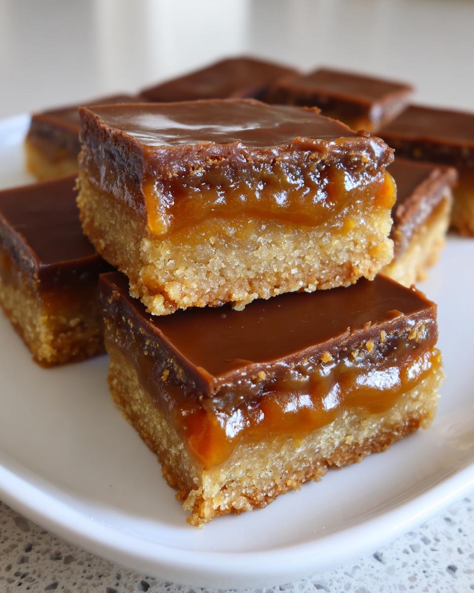 Close-up of delicious, layered Twix bars showing a shortbread base, thick caramel layer, and chocolate topping.