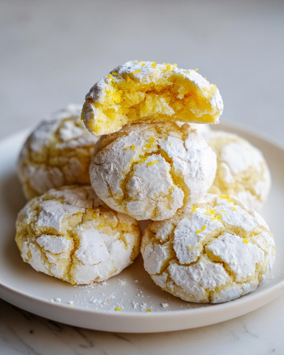 Stack of powdered sugar coated lemon crinkle cookies, one broken open showing the bright yellow, soft interior.