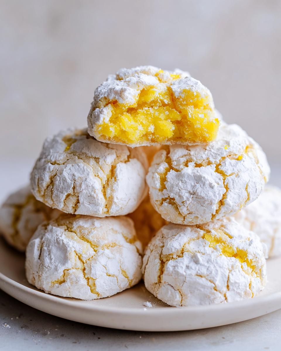 A stack of bright yellow lemon crinkle cookies generously coated in powdered sugar, with one cookie broken open showing the soft interior.