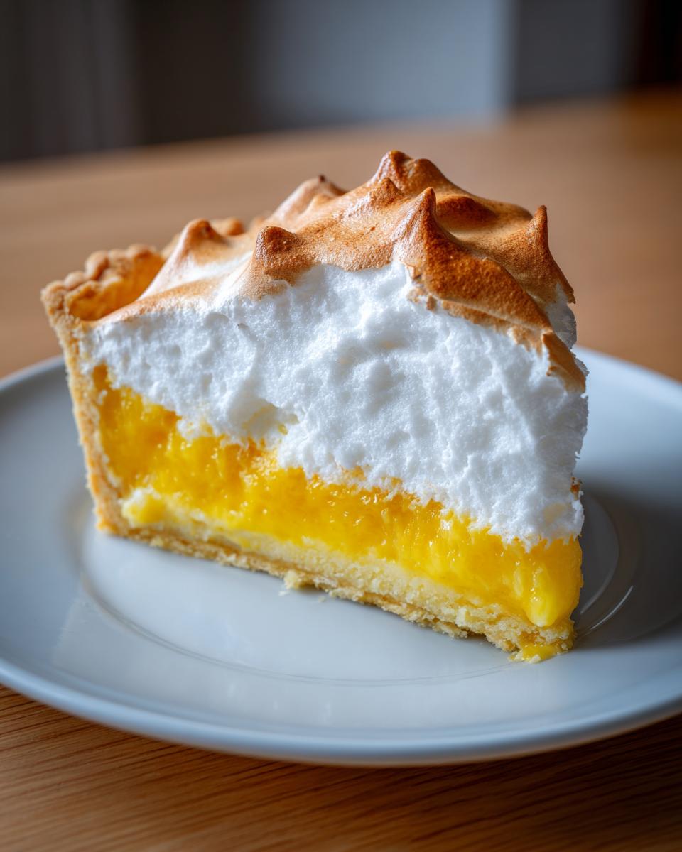 A tall slice of lemon meringue pie showing bright yellow curd, white meringue, and toasted peaks.
